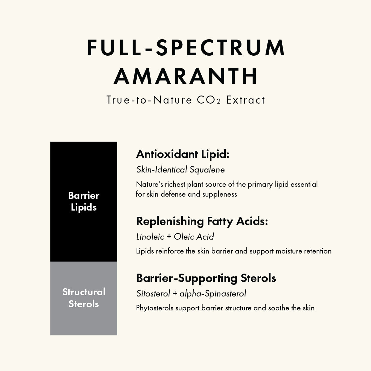 Wild Mary Full-Spectrum Amaranth CO₂ extract provides skin-identical squalene, replenishing fatty acids, and barrier-supporting sterols.