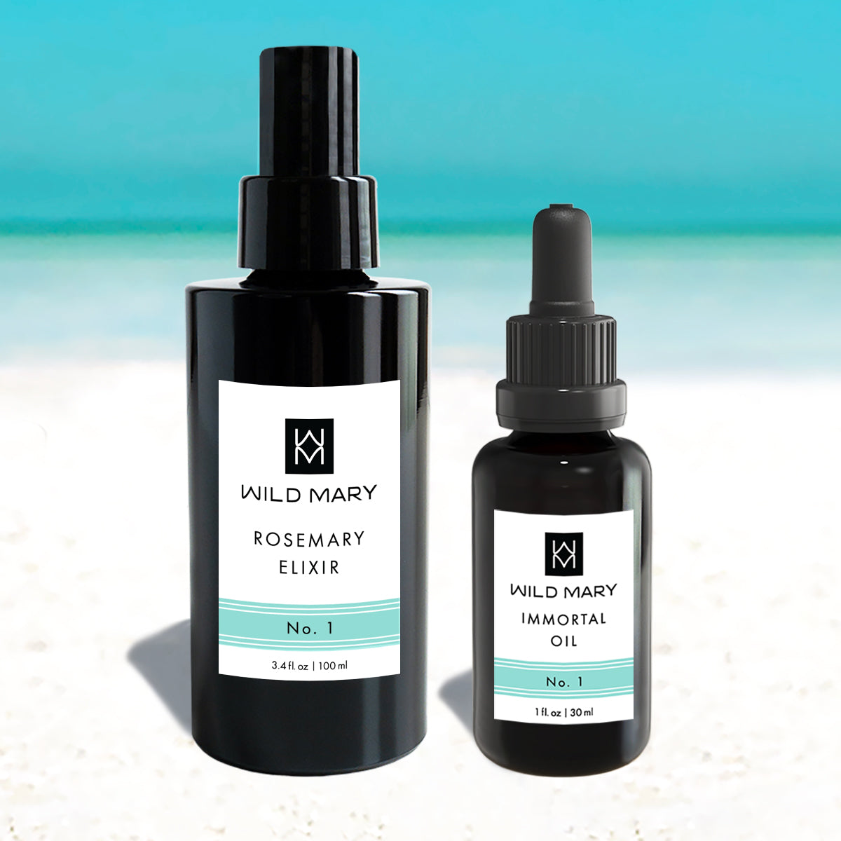 Wild Mary Radiance Duo No. 1 featuring Rosemary Elixir and Immortal Oil on Holbox Island beach