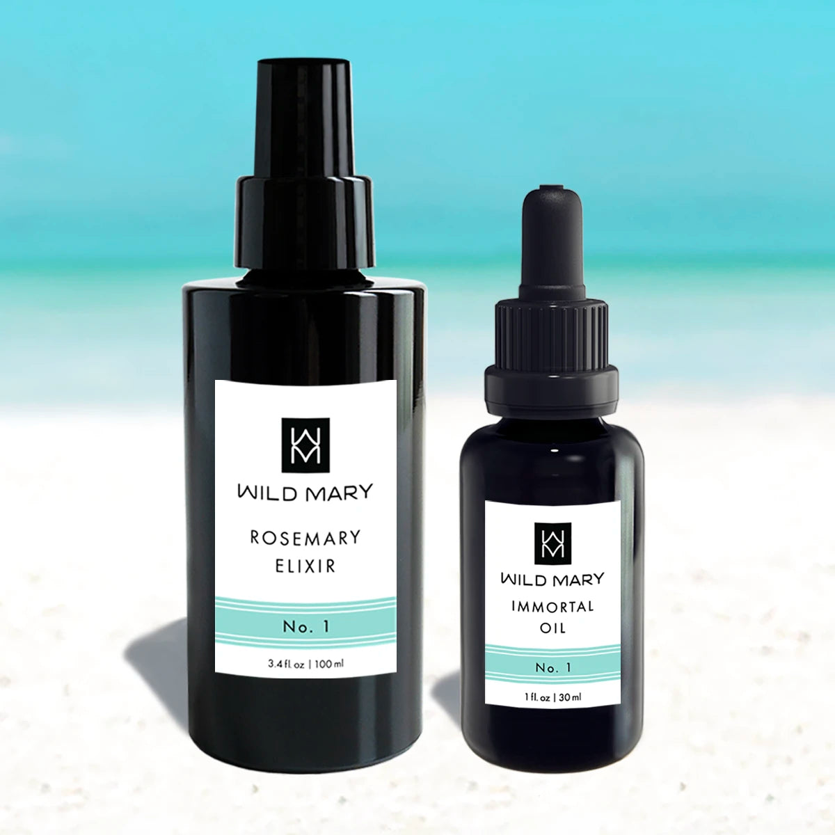 Wild Mary Radiance Duo No. 1 featuring Rosemary Elixir and Immortal Oil on Holbox Island beach