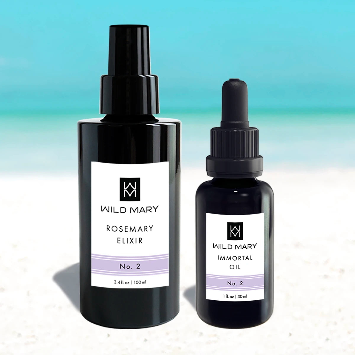 Wild Mary Radiance Duo No. 2 featuring Rosemary Elixir and Immortal Oil on Holbox Island beach