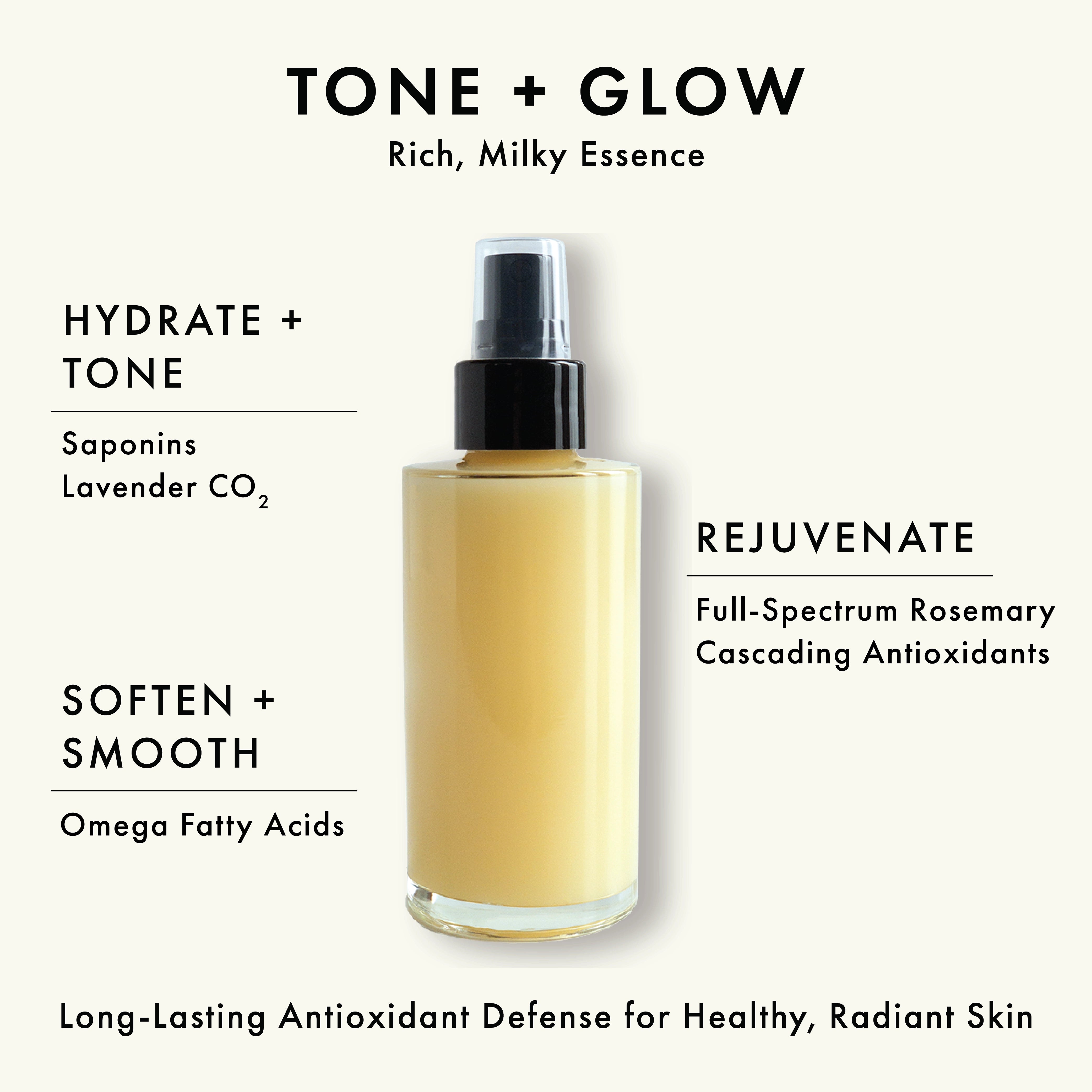 Wild Mary Rosemary Elixir in clear glass bottle — rich, milky essence with full-spectrum rosemary antioxidants for hydrated, radiant skin.