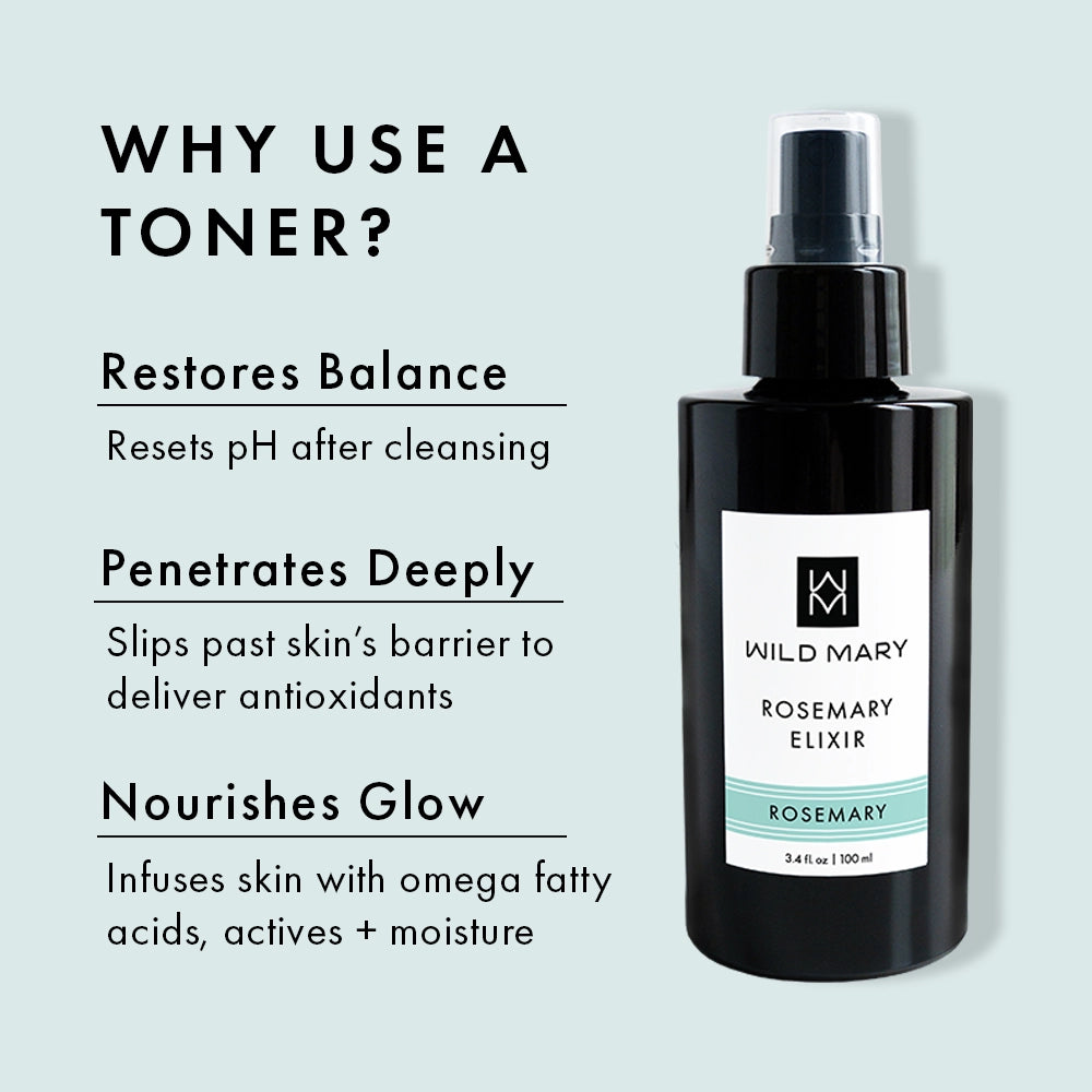 Wild Mary Rosemary Elixir infographic showing toner benefits: restores balance, penetrates deeply, nourishes glow.