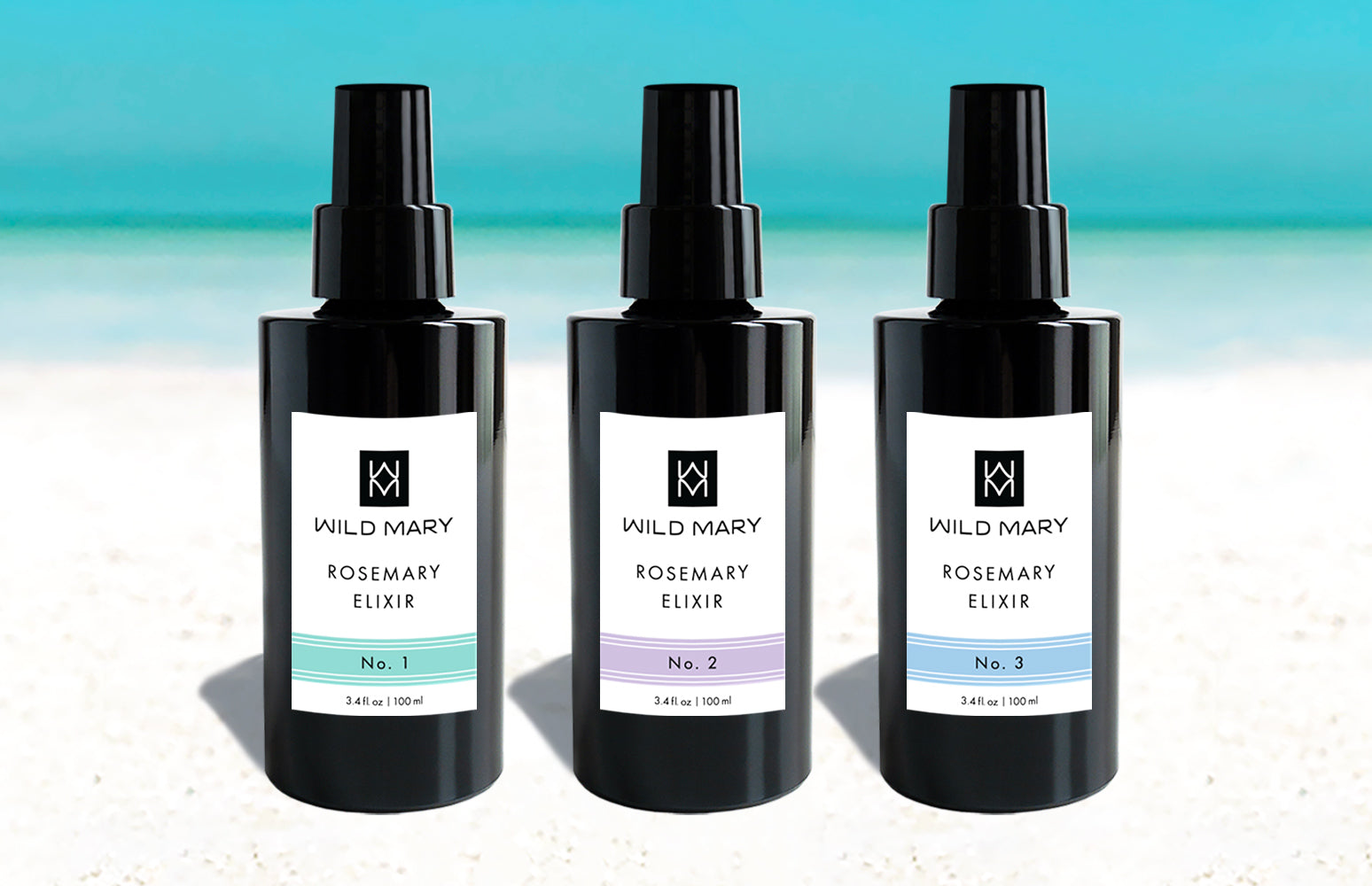 Wild Mary Rosemary Elixir Trio featuring Rosemary Elixir No. 1 Rosemary, No. 2 Lavender, and No. 3 Rosemary Mint on Holbox Island beach