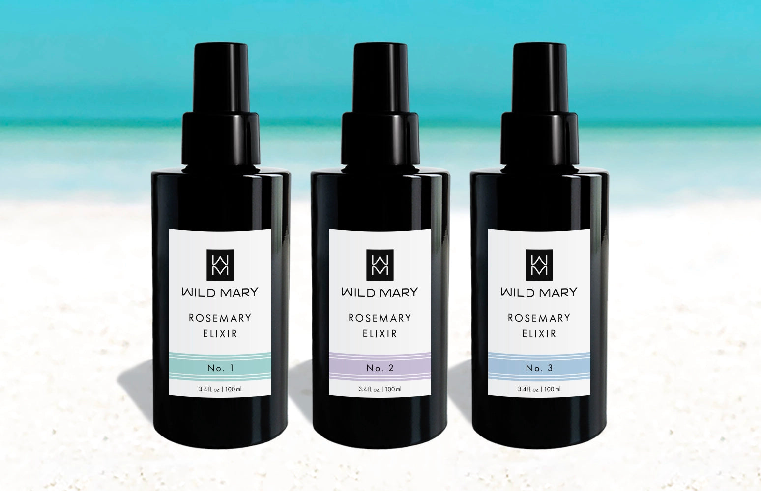 Wild Mary Rosemary Elixir Trio featuring Rosemary Elixir No. 1 Rosemary, No. 2 Lavender, and No. 3 Rosemary Mint on Holbox Island beach