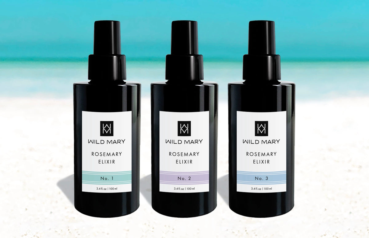 Wild Mary Rosemary Elixir Trio featuring Rosemary Elixir No. 1 Rosemary, No. 2 Lavender, and No. 3 Rosemary Mint on Holbox Island beach