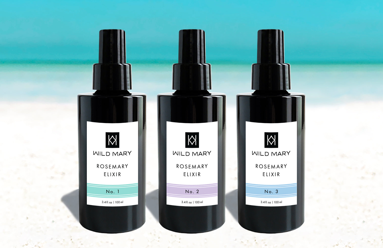 Wild Mary Rosemary Elixir Trio featuring Rosemary Elixir No. 1 Rosemary, No. 2 Lavender, and No. 3 Rosemary Mint on Holbox Island beach